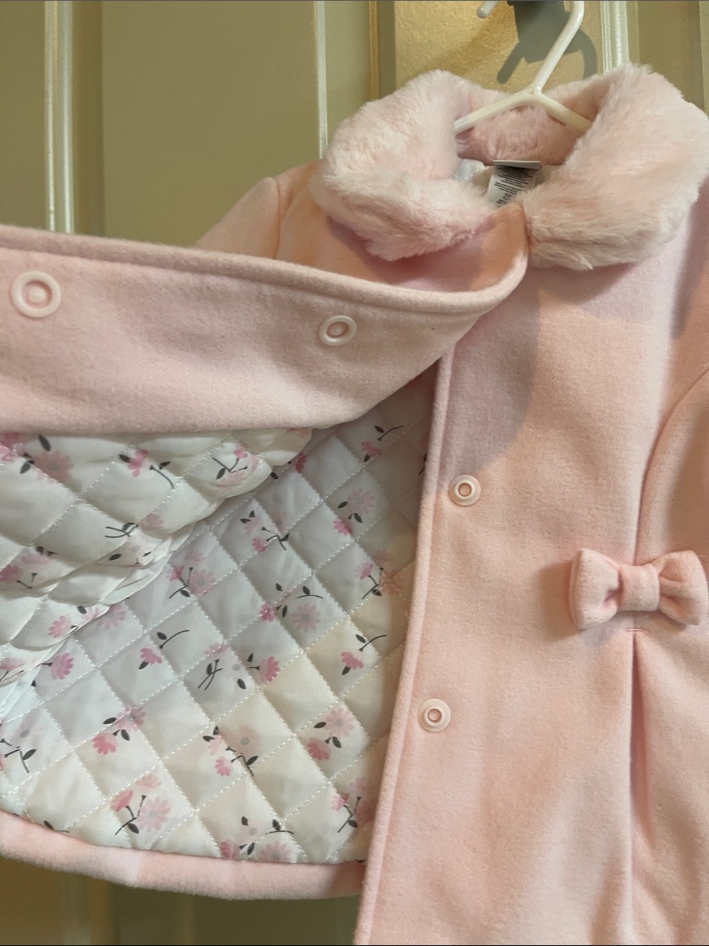 Little Me Pale Pink Faux Fur Collar Pea Coat with Bows - Picture 7 of 7